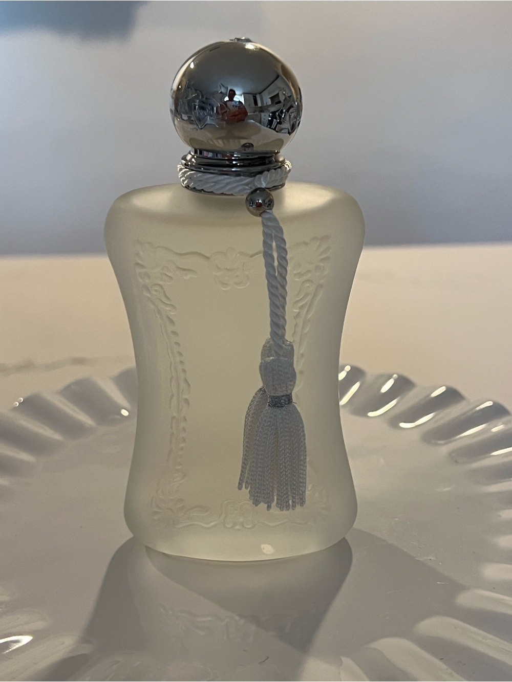 Unbranded Frosted Glass Decorative Bottle with Silver Cap and White Tassel